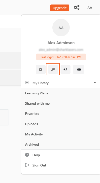 User panel showing Key icon for Change Password